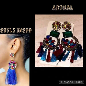 Women’s earrings Bold Statement dangle post back colorful tassels and stones